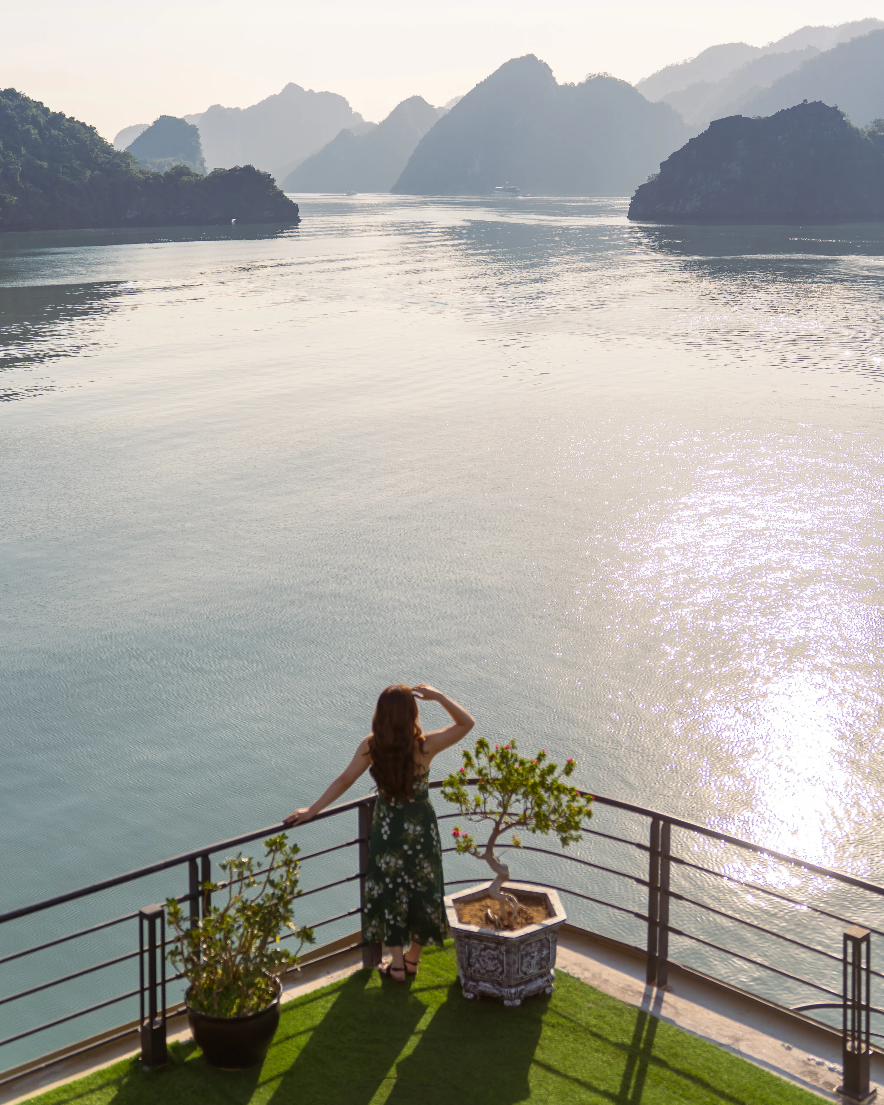 Terrace overlooking the limestone karsts of Ha Long Bay, Vietnam