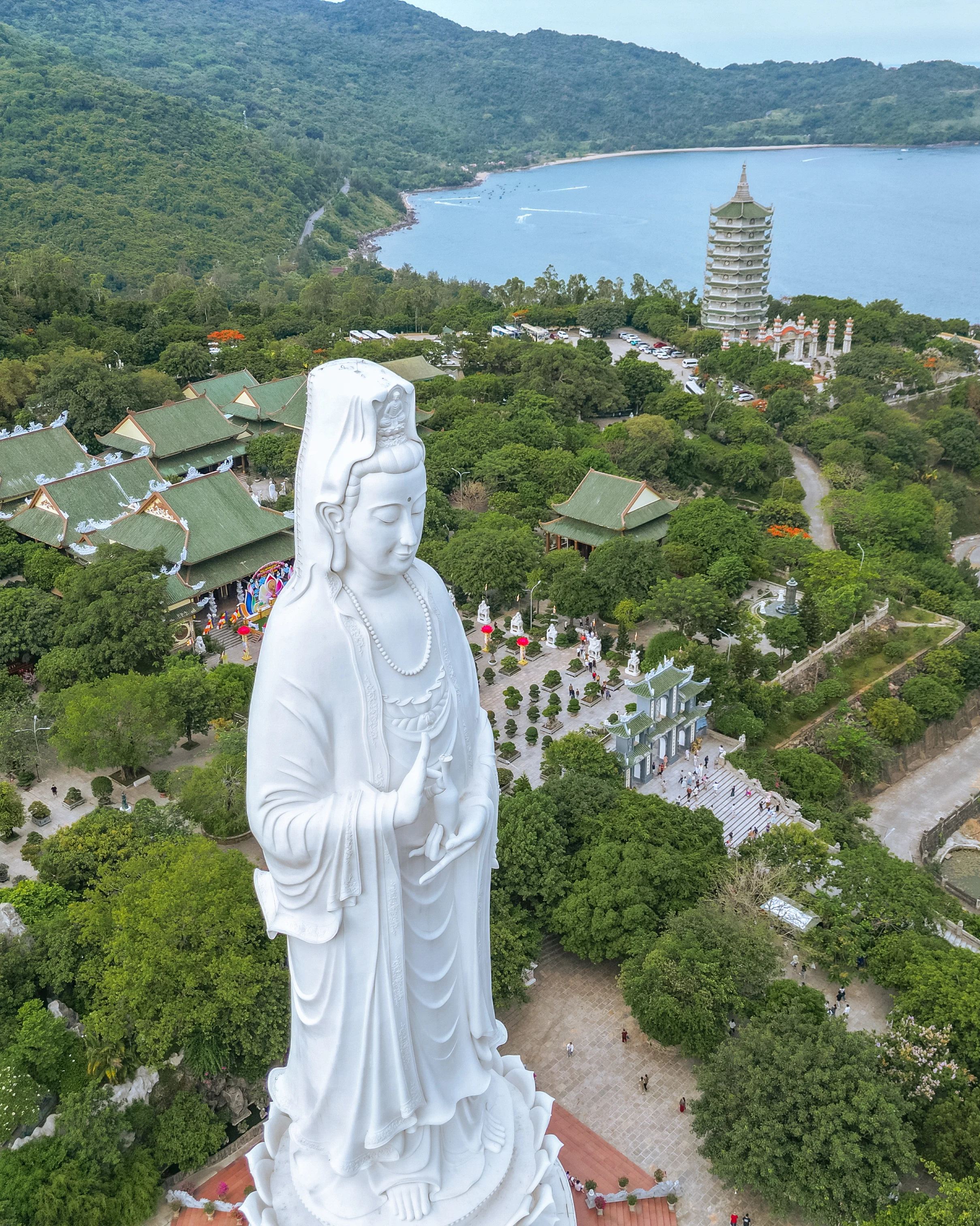 Aerial view of Lady Buddha at a temple in Da Nang, Vietnam
