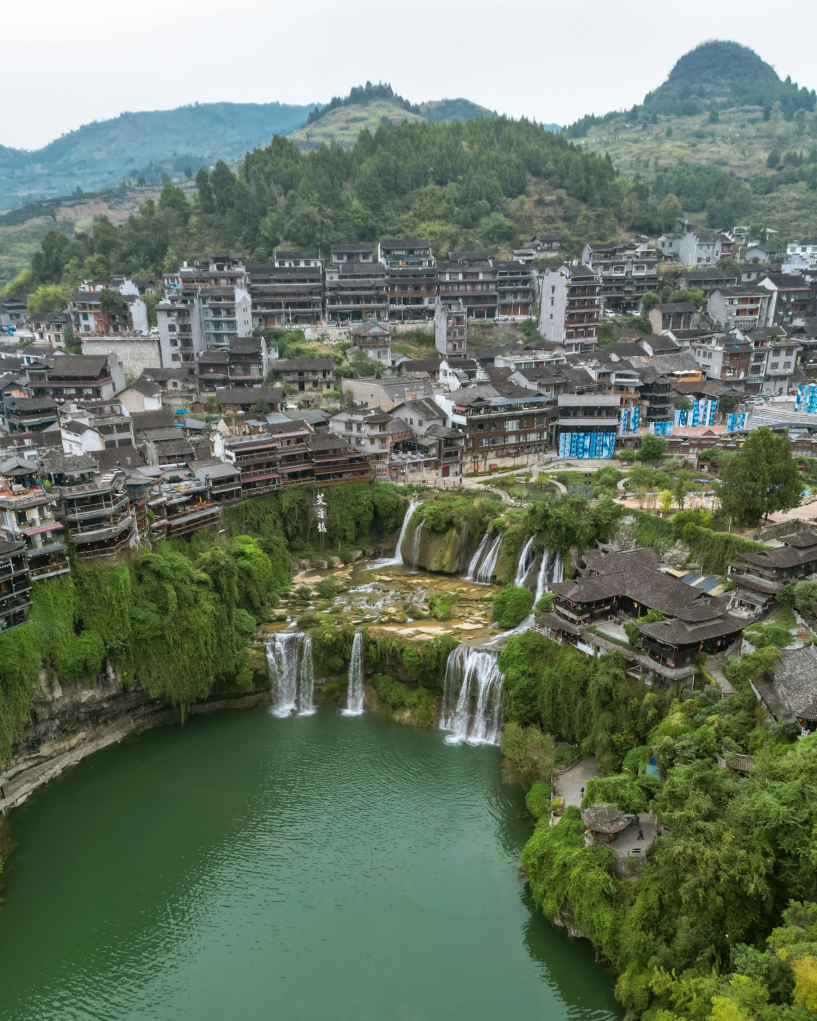 Aerial shot of the water ancient town of Furong in China
